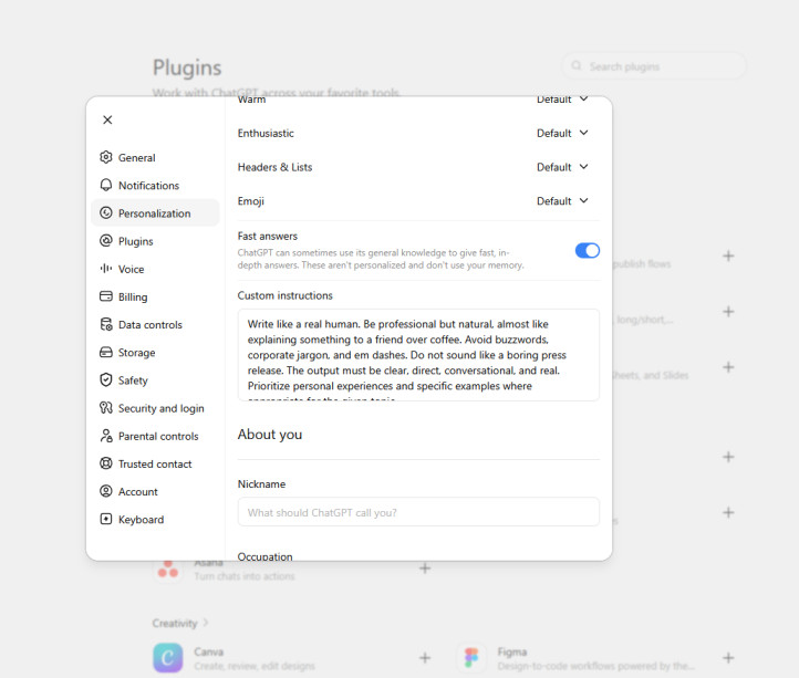ChatGPT custom instructions settings configured to make AI writing sound more human