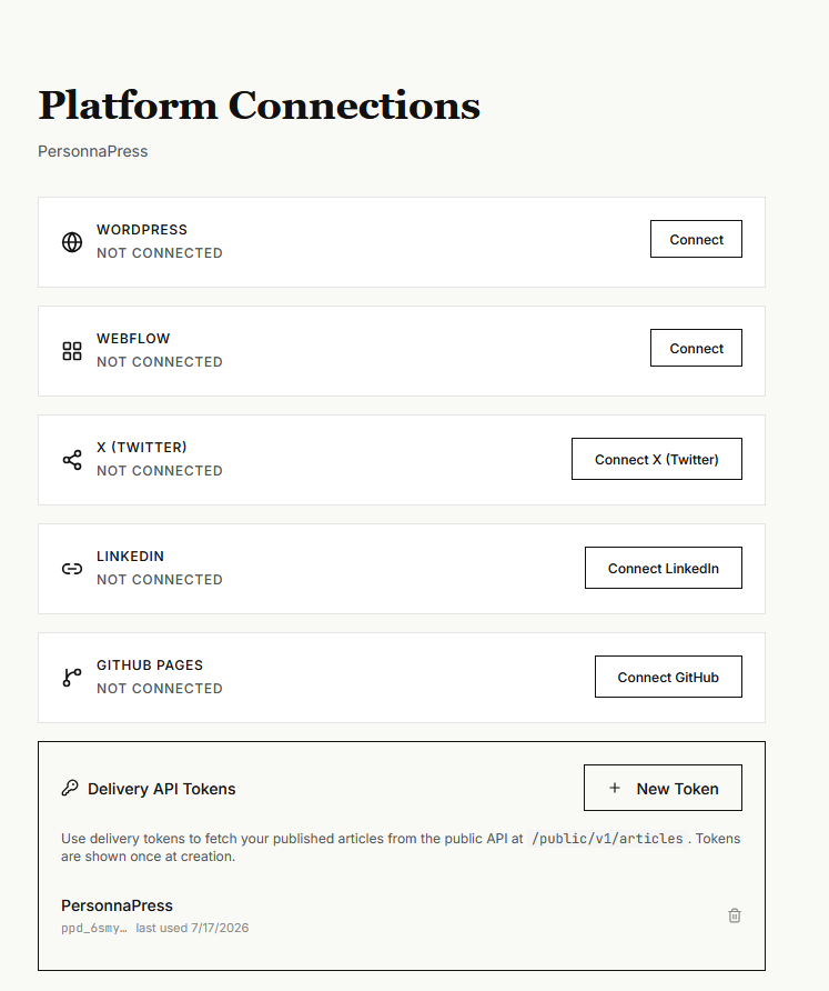 PersonnaPress dashboard showing platform connection settings for WordPress, Webflow, X, LinkedIn, and GitHub Pages
