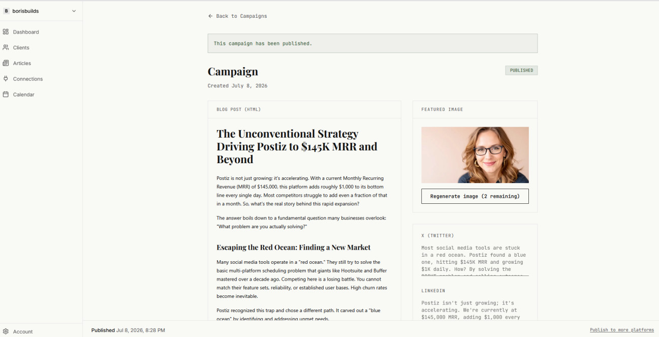 PersonnaPress AI dashboard showing an auto-published blog post that maintains custom brand voice consistency